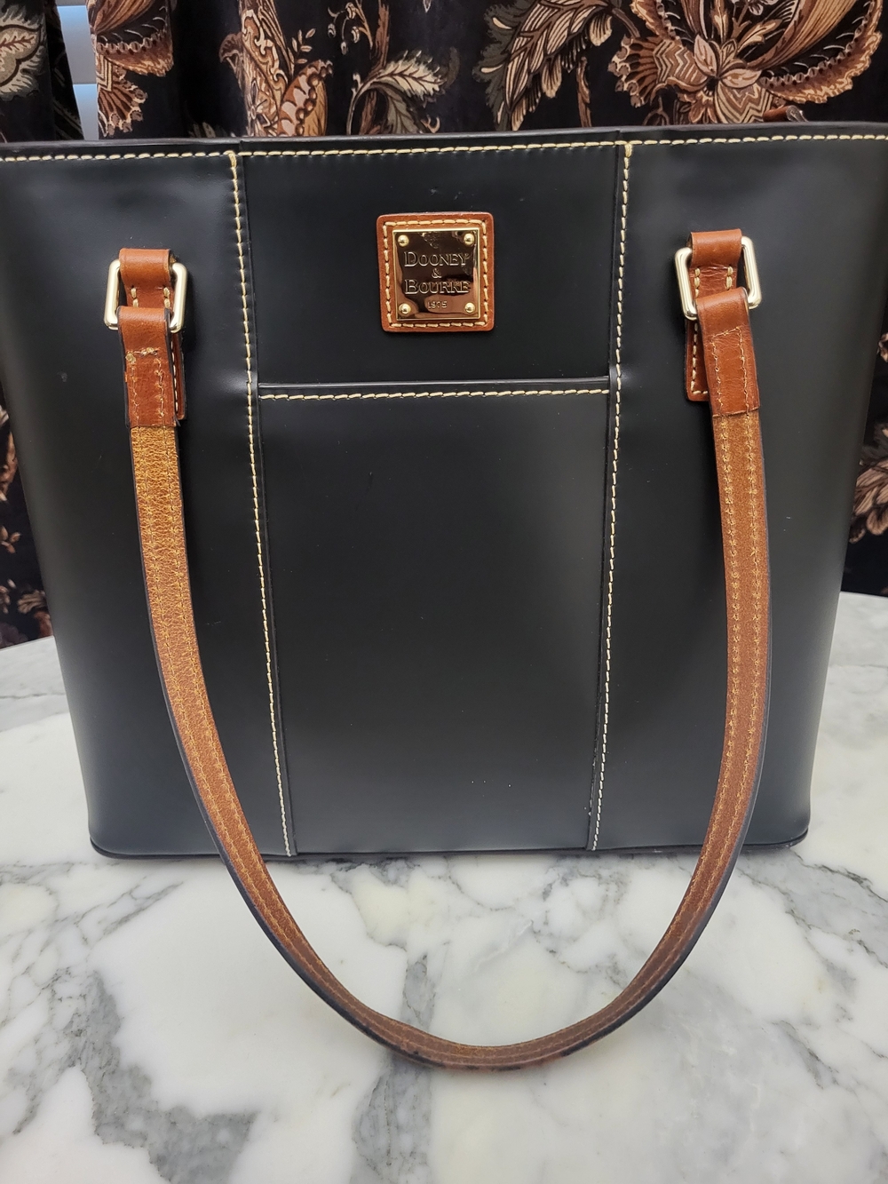 Dooney & Bourke Black Leather Tote with Brown Trim